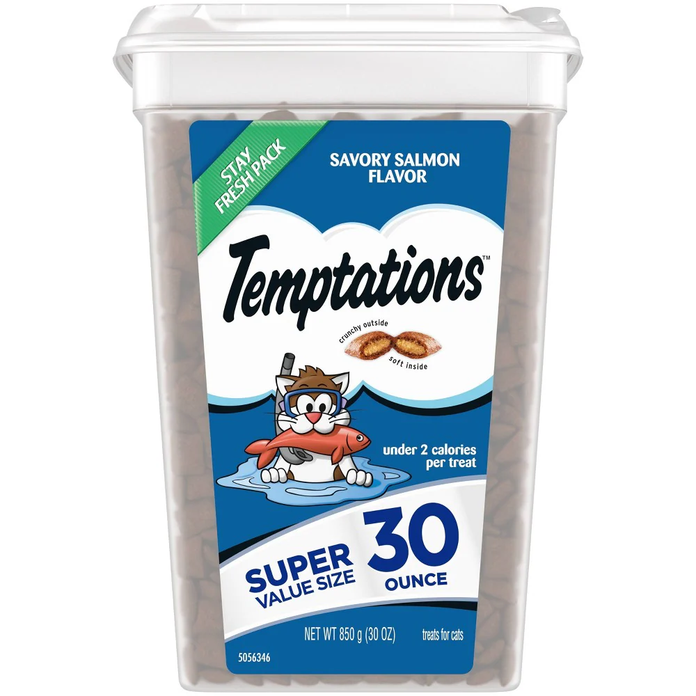 Temptations Classic Crunchy and Soft Cat Treats Savory Salmon Flavor  30 oz. Tub - Image 1