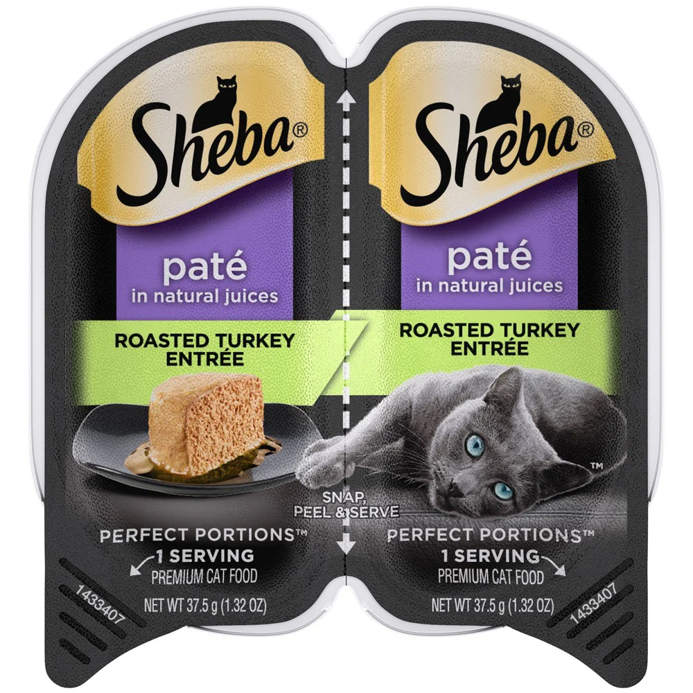 SHEBA Wet Cat Food Pate  Roasted Turkey Entree  2.6 oz. PERFECT PORTIONS Twin Pack Tray - Image 1