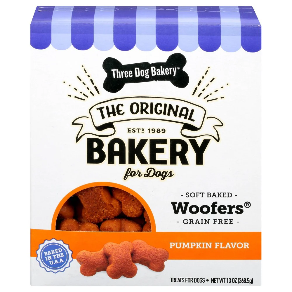 Three Dog Bakery Grain Free Wafers Pumpkin Dry Chewy Dog Treats 13oz - Image 1
