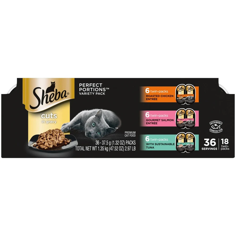 SHEBA Wet Cat Food Cuts in Gravy Variety Pack  With Sustainable Tuna and Roasted Chicken Entree and Gourmet Salmon Entree  (18) 2.6 oz. PERFECT PORTIONS Twin-Pack Trays - Image 1