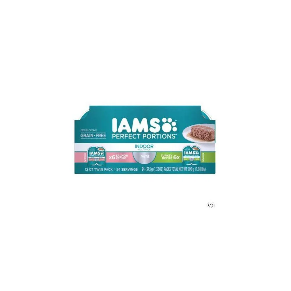 IAMS PERFECT PORTIONS Indoor Adult Grain Free* Wet Cat Food Pate Variety Pack  Salmon Recipe and Turkey Recipe  2.6 oz. Easy Peel Twin-Pack Trays - Image 1