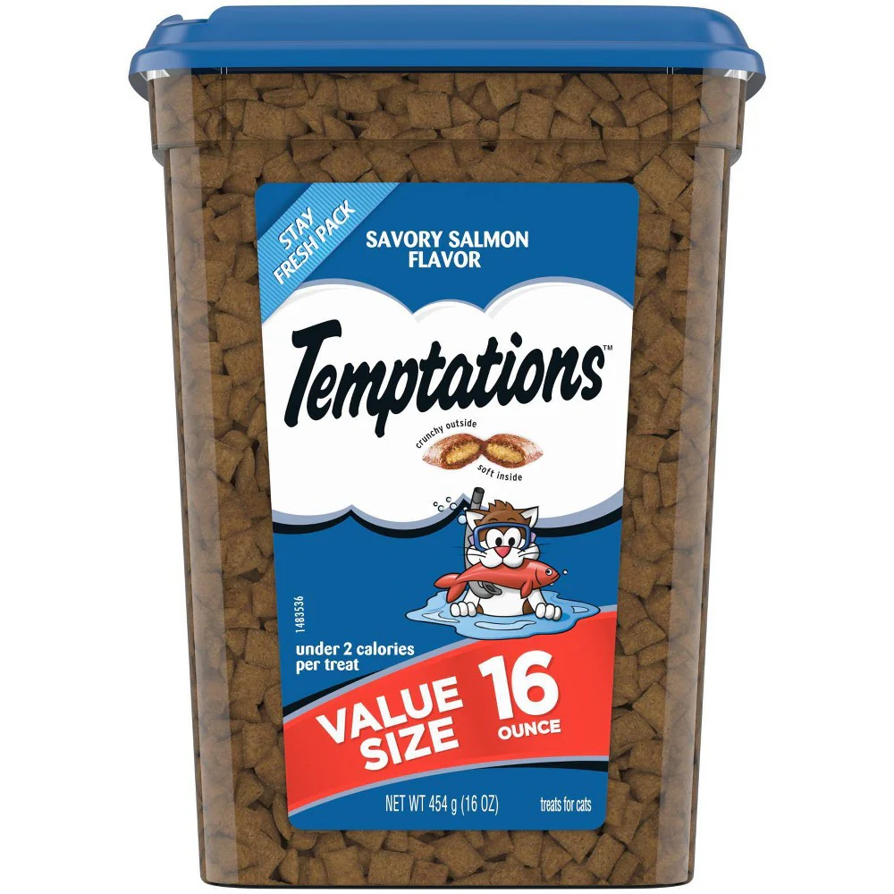 TEMPTATIONS Classic Crunchy and Soft Cat Treats Savory Salmon Flavor  16 oz. Tub - Image 1