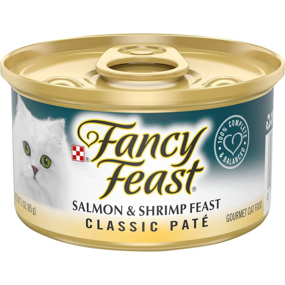 Fancy Feast Grain Free Pate Wet Cat Food  Classic Pate Salmon & Shrimp Feast  3 oz. Can - Image 1