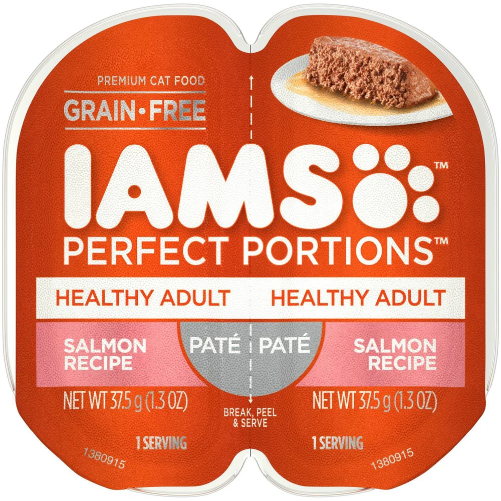 IAMS PERFECT PORTIONS Healthy Adult Grain Free Wet Cat Food Paté  Salmon Recipe  2.6 oz. Easy Peel Twin-Pack Tray - Image 1