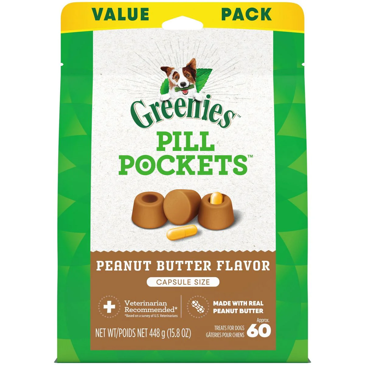 Greenies Chewy Dog Pill Pockets Peanut Butter Capsule Size Dog Treats 15.8oz - Image 1