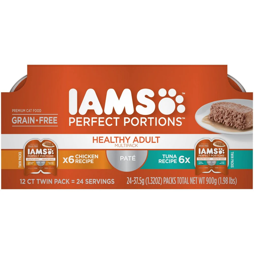 IAMS PERFECT PORTIONS Healthy Adult Grain Free* Wet Cat Food Pate Variety Pack  Chicken Recipe and Tuna Recipe  2.6 oz. Easy Peel Twin-Pack Trays - Image 1