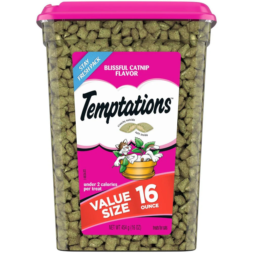 TEMPTATIONS Classic  Crunchy and Soft Cat Treats  Blissful Catnip Flavor  16 oz. Tub - Image 1