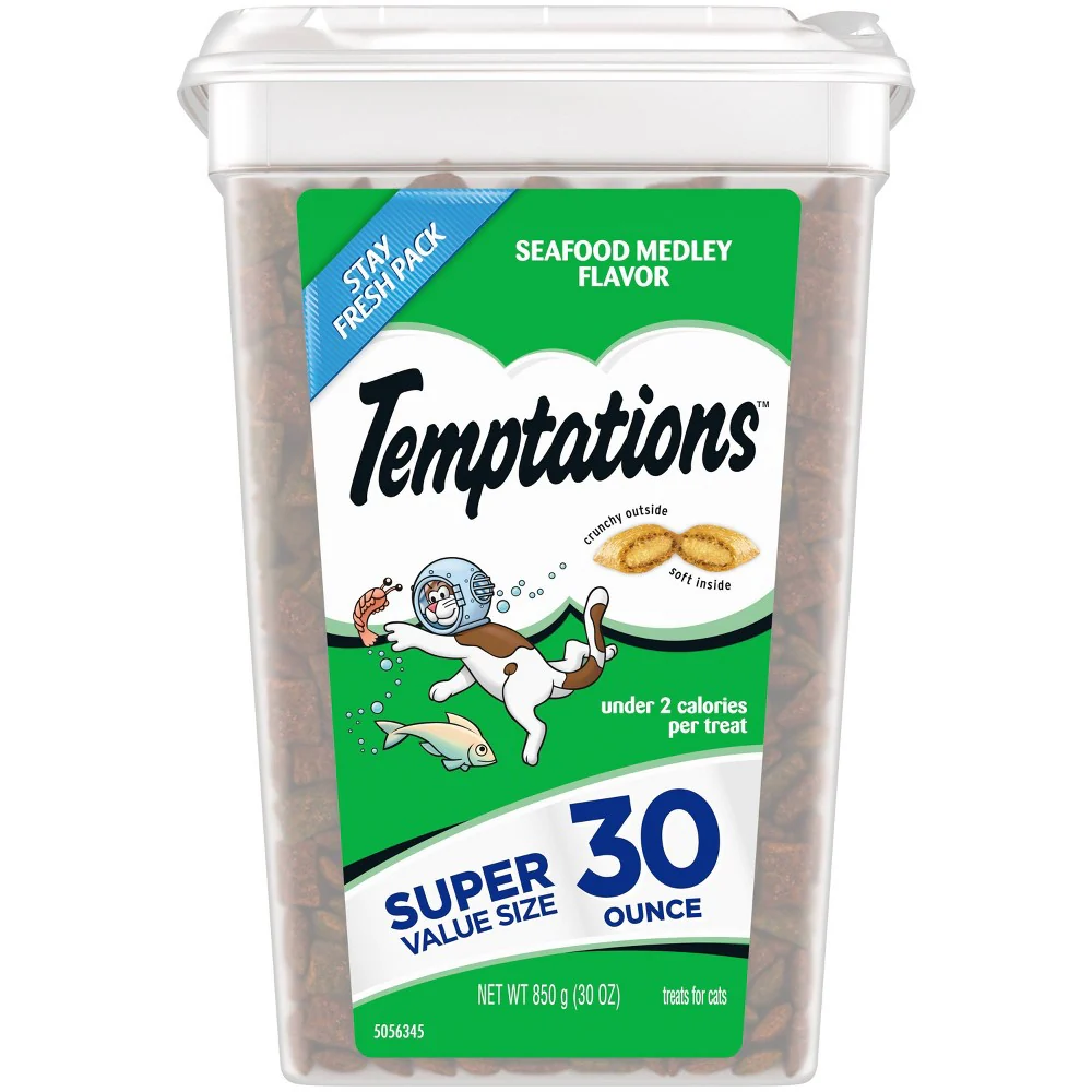 Temptations Classic Seafood Medley Flavor Crunchy and Soft Treats for Cats  30 oz. Tub - Image 1