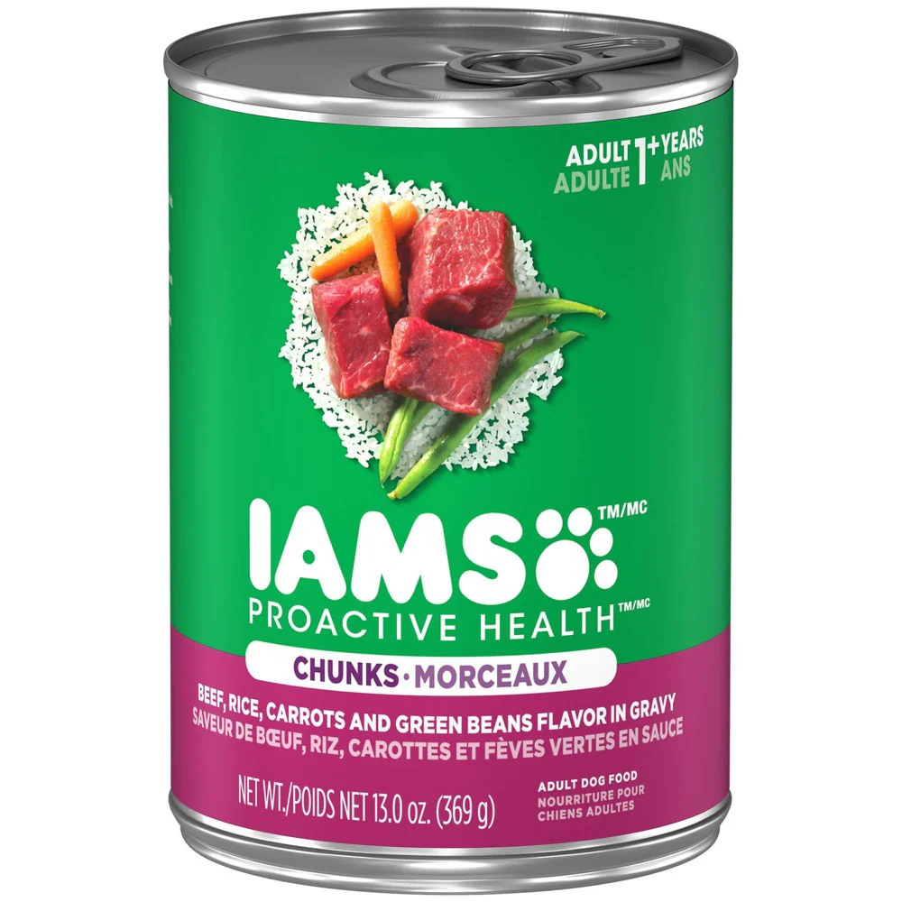 IAMS PROACTIVE HEALTH Adult Soft Wet Dog Food Chunks in Gravy Beef  Rice  Carrots & Green Beans Flavor 13 oz. Cans - Image 1