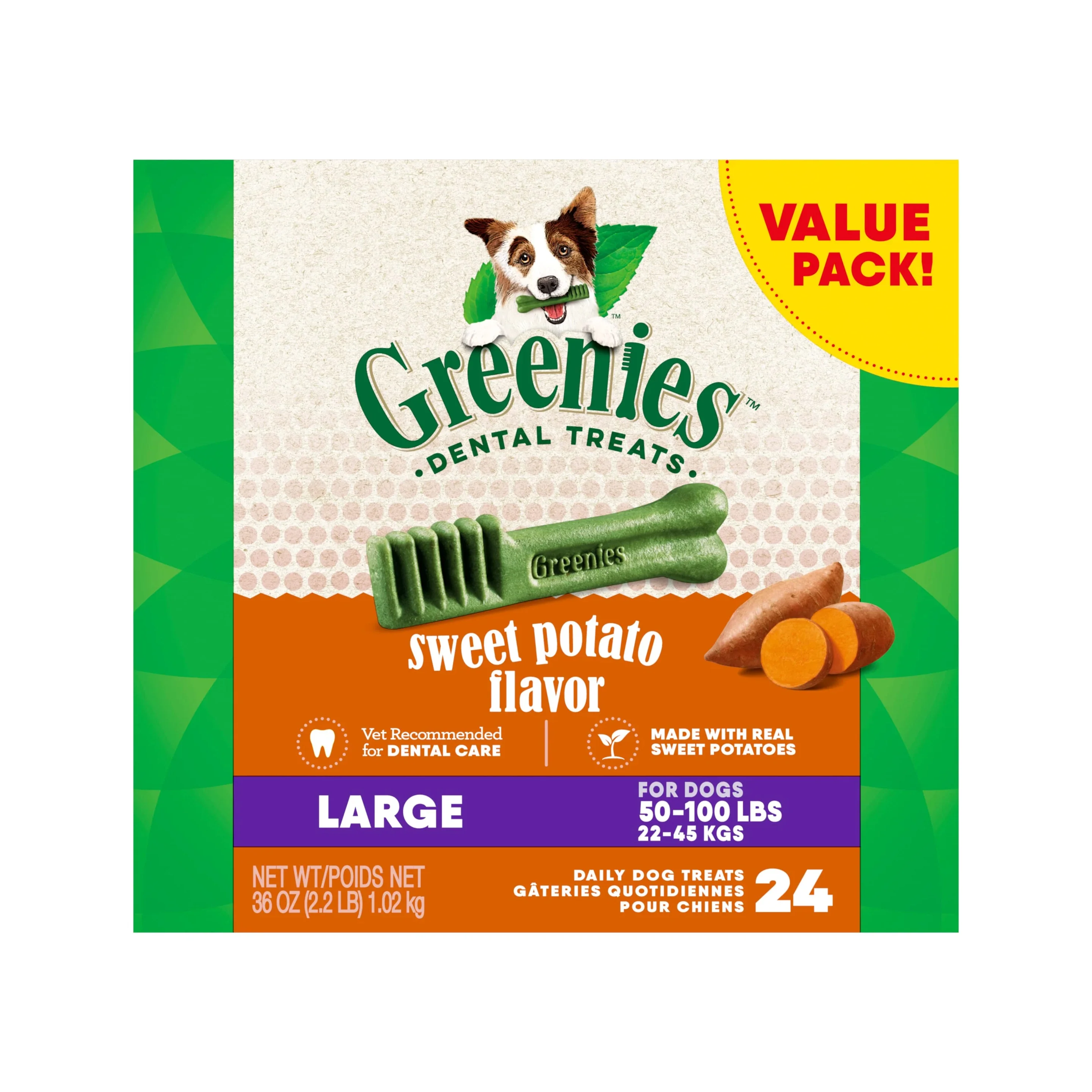 Greenies Canine Dental Treats, Sweet Potato Flavor, Large, Box of 24 (36oz) - Image 1