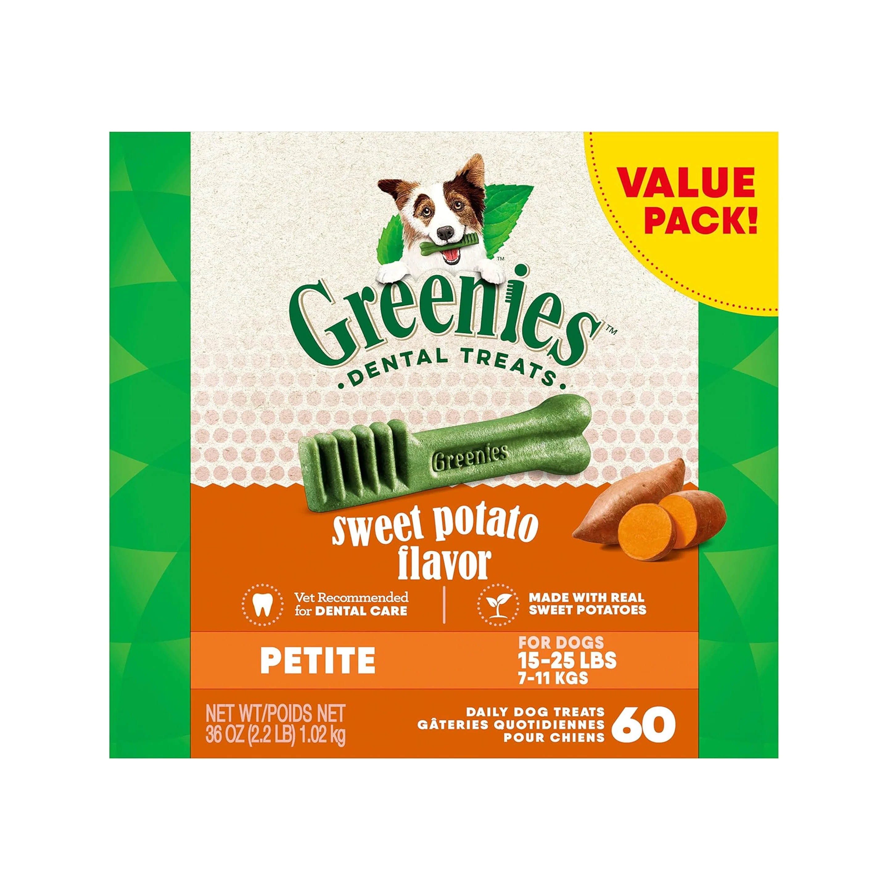 Greenies Canine Dental Treats, Sweet Potato Flavor, Petite, Box of 60 (36oz) - Image 1