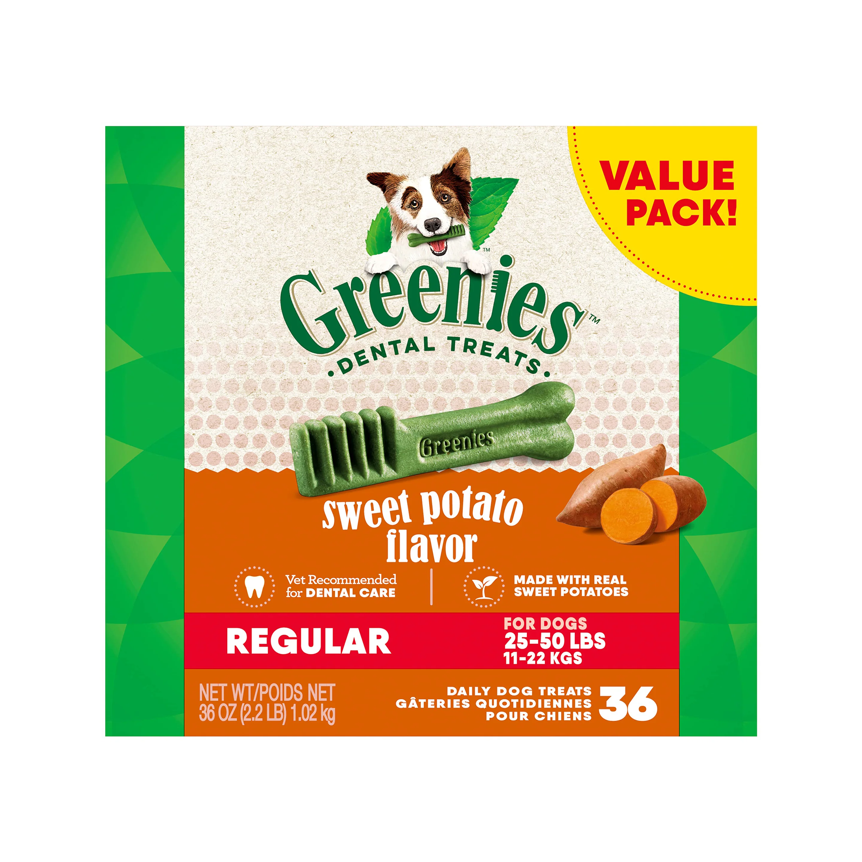 Greenies Canine Dental Treats, Sweet Potato Flavor, Regular, Box of 36 (36oz) - Image 1