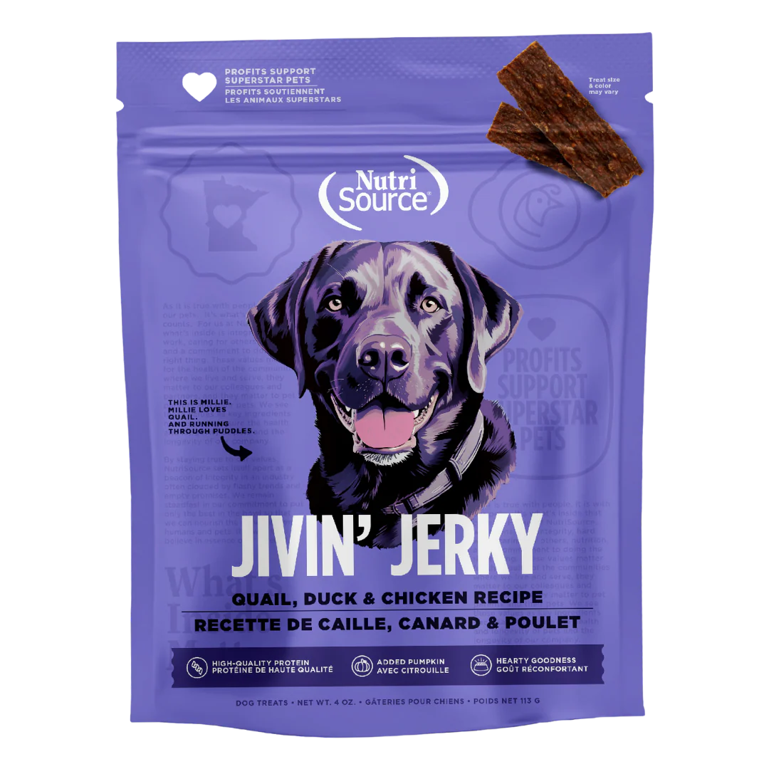 Nutrisource Jivin Jerky Strips Dog Treat Quail Duck and Chicken Recipe 4 oz - Image 1