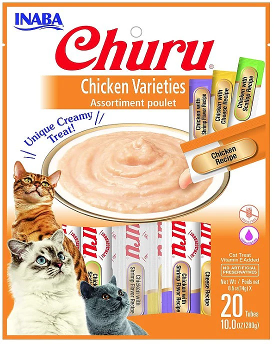 INABA Churu Creamy  Lickable Purée Cat Treat w Taurine  0.5 oz  20 Tubes  Chicken Variety - Image 1