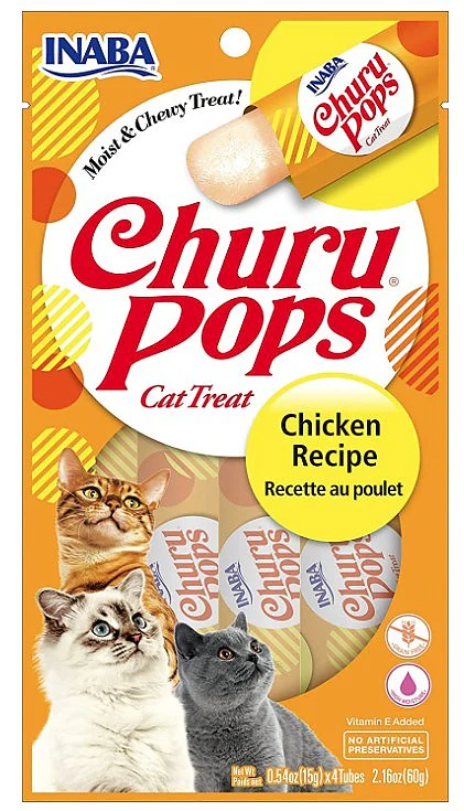 INABA Churu Pops  Grain-Free  Soft  Moist and Chewy Jelly Cat Treats with Vitamin E  0.54 Ounces Each  24 Tubes (4 per Pack)  Chicken Recipe - Image 1