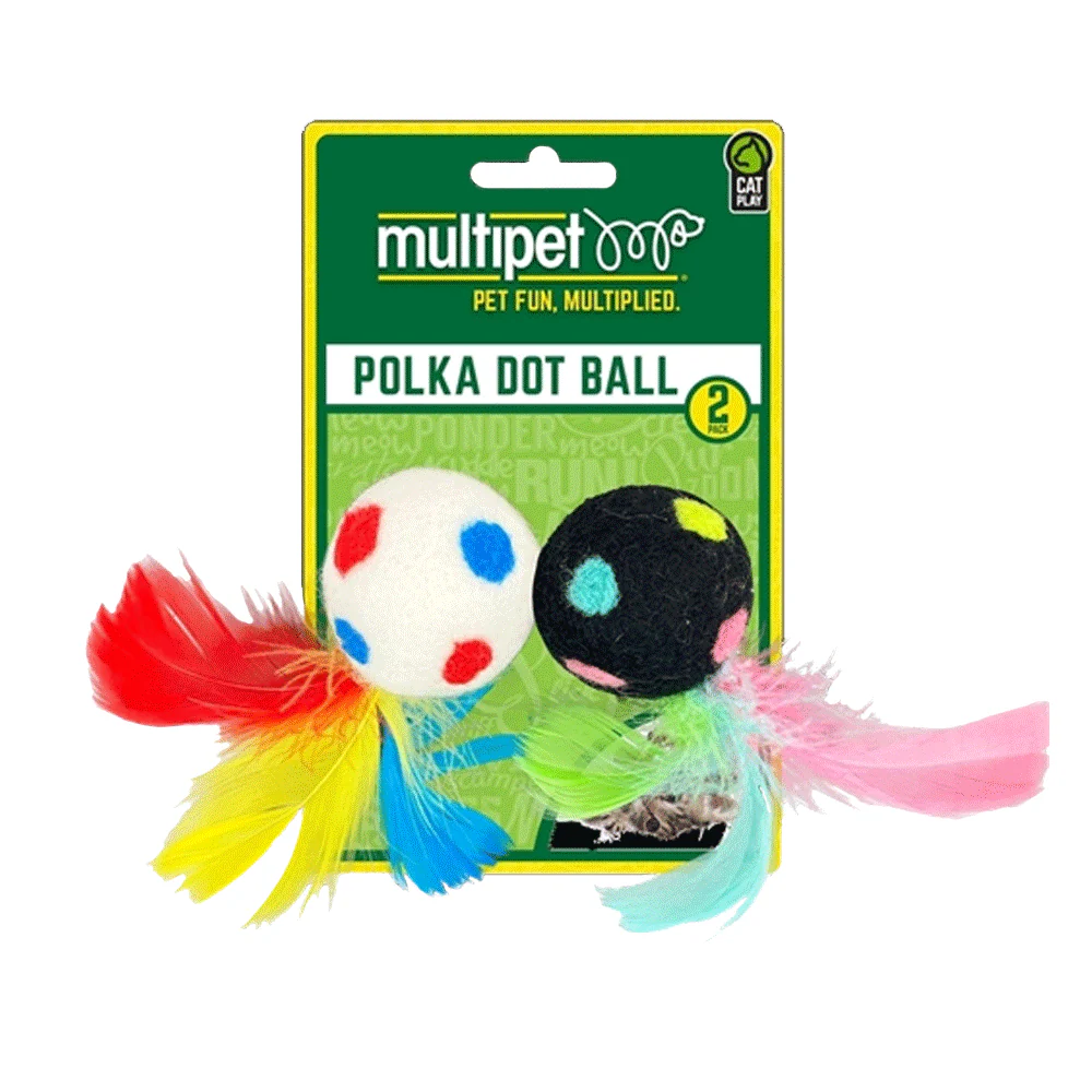 Multipet Cat Toy Polka Dot Ball with Feather 2pk Assorted - Image 1