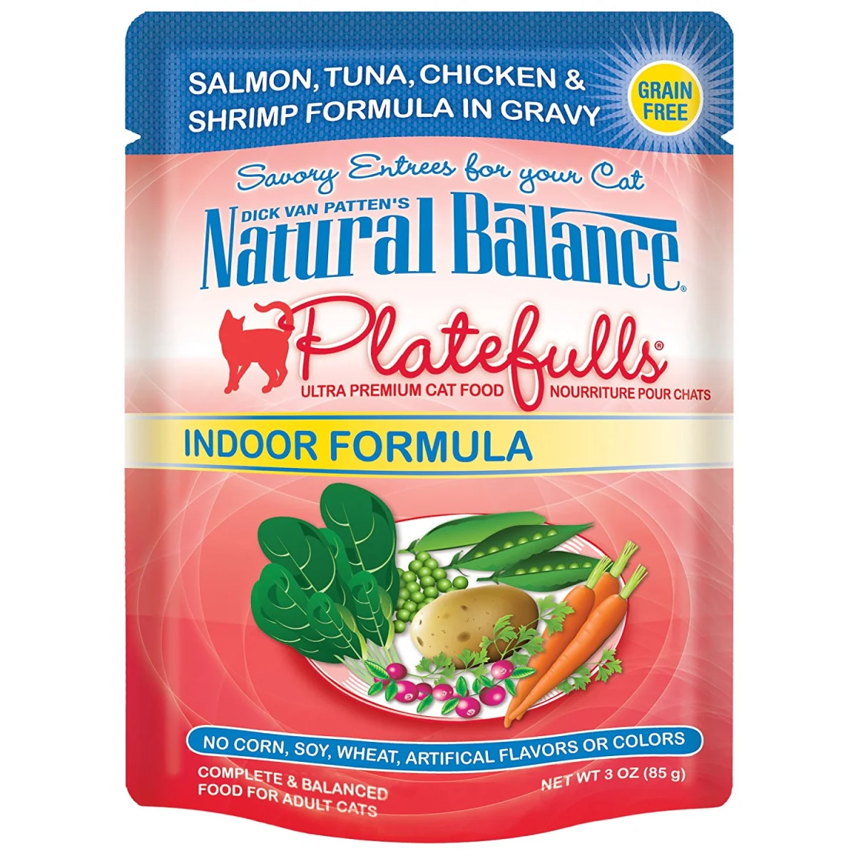 Natural Balance 3-Ounce Platefulls Indoor Salmon, Tuna, Chicken and Shrimp Formula in Gravy Entree for Cats, Pack of 24 - Image 1