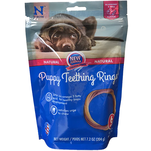 N-Bone Dental Treat Puppy Teething Rings GF Blueberry & BBQ 6pk 7.2 oz - Image 1