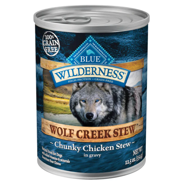 Blue Buffalo Wilderness Wolf Creek Stew High Protein Grain Free, Natural Wet Dog Food, Chunky Chicken Stew in gravy, 12.5-oz can - Image 1