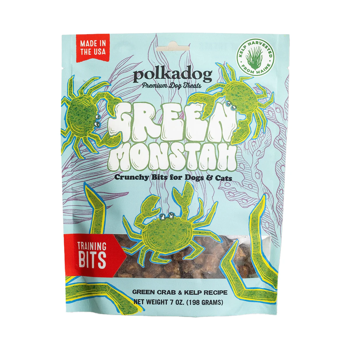 Polkadog Green Monstah Training Bits Crunchy Dog & Cat Treats, Green Crab & Kelp Recipe, 7oz - Image 1