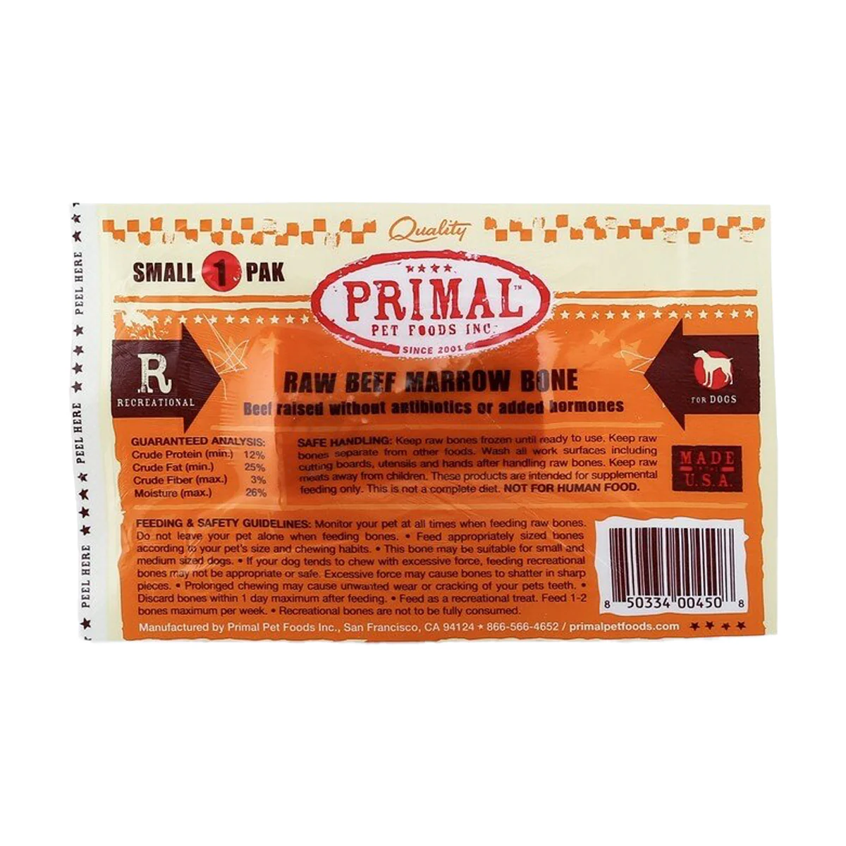 Primal Frozen Raw Beef Marrow Bone, Small, 1-Pack - Image 1