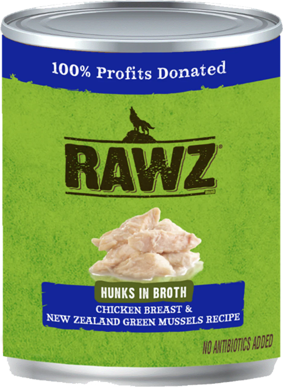 Rawz Hunks in Broth Chicken, New Zealand Green Mussel Dog Food 10oz - Image 1