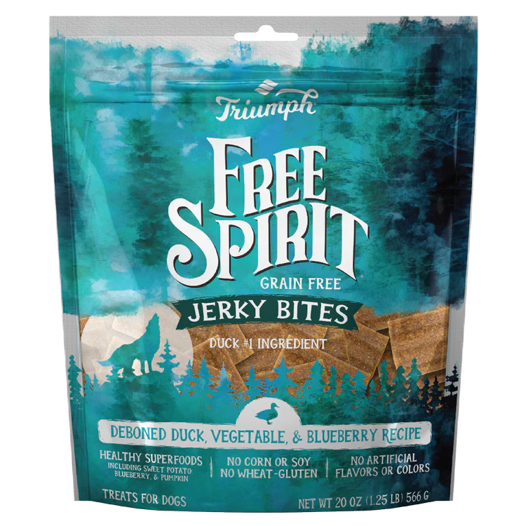Triumph Free Spirit Grain Free Duck, Vegetable, & Blueberry Recipe Jerky Bites 20oz bag - Image 1