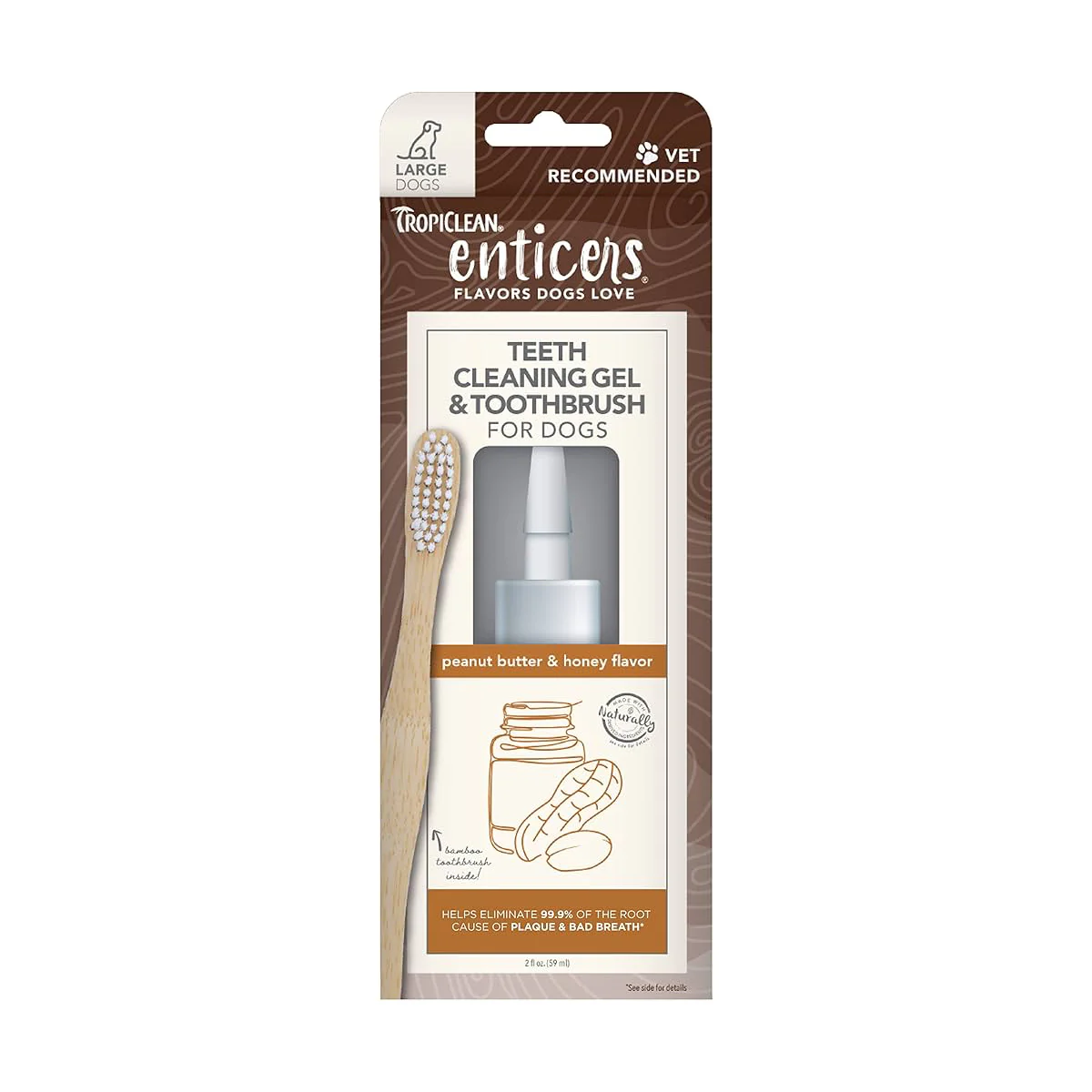 TropiClean Enticers Teeth Cleaning Gel & Toothbrush for Large Dogs, Peanut Butter & Honey Flavor, 2oz - Image 1