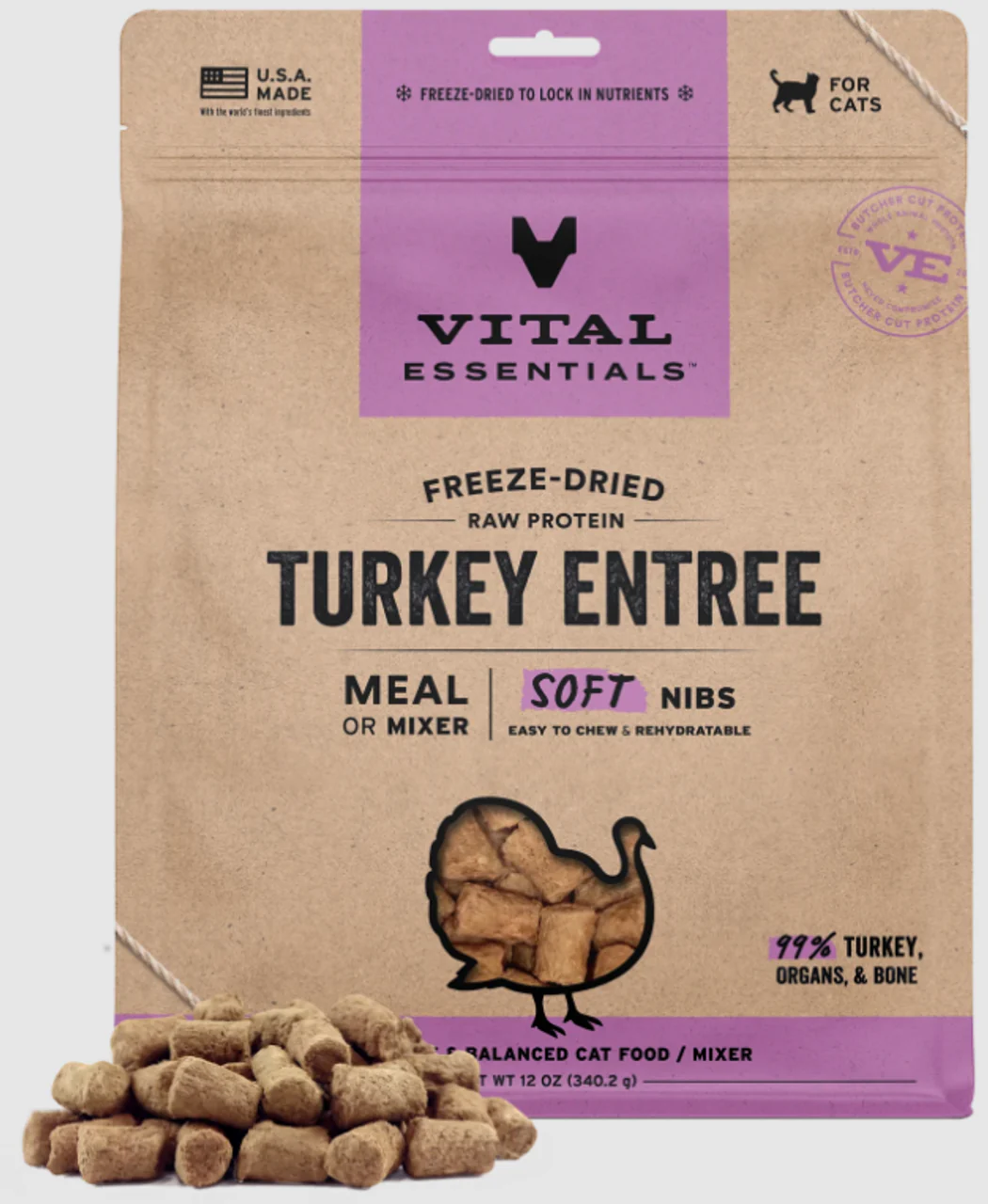 Vital Freeze-Dried Raw Turkey Entree & Mixer Cat Food Soft Nibs 12oz - Image 1