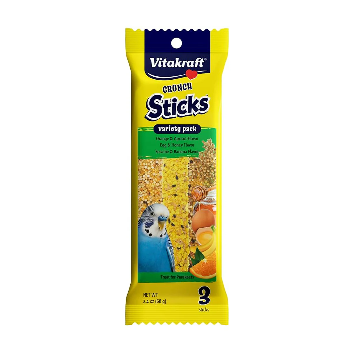 Vitakraft Crunch Sticks Parakeet Treats Variety Pack, Orange & Apricot, Egg & Honey, and Sesame & Banana - Image 1