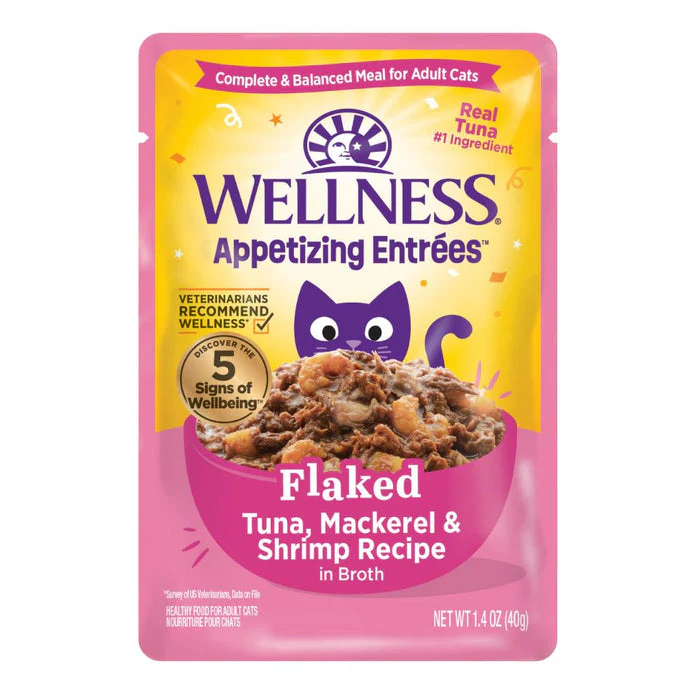Wellness Cat Appetizing Entrees Flaked Tuna, Mackerel & Shrimp in Broth 1.4oz - Image 1