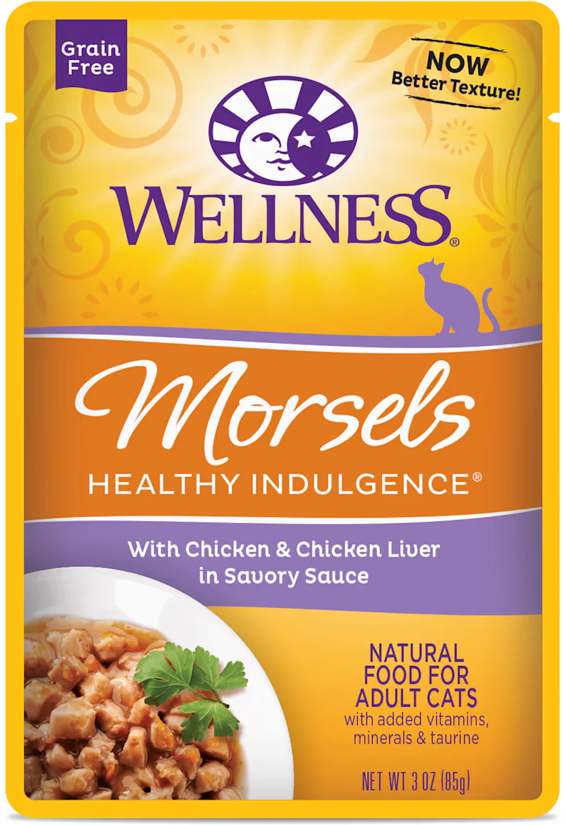 Wellness Healthy Indulgence Natural Grain Free Wet Cat Food Morsels Chicken & Chicken Liver 3oz Pouch - Image 1