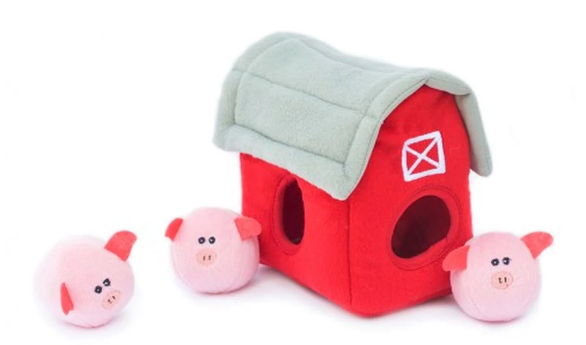 ZippyPaws Zippy Burrow Barn with Pig Bubble Babies PlushDog Toy - Image 1
