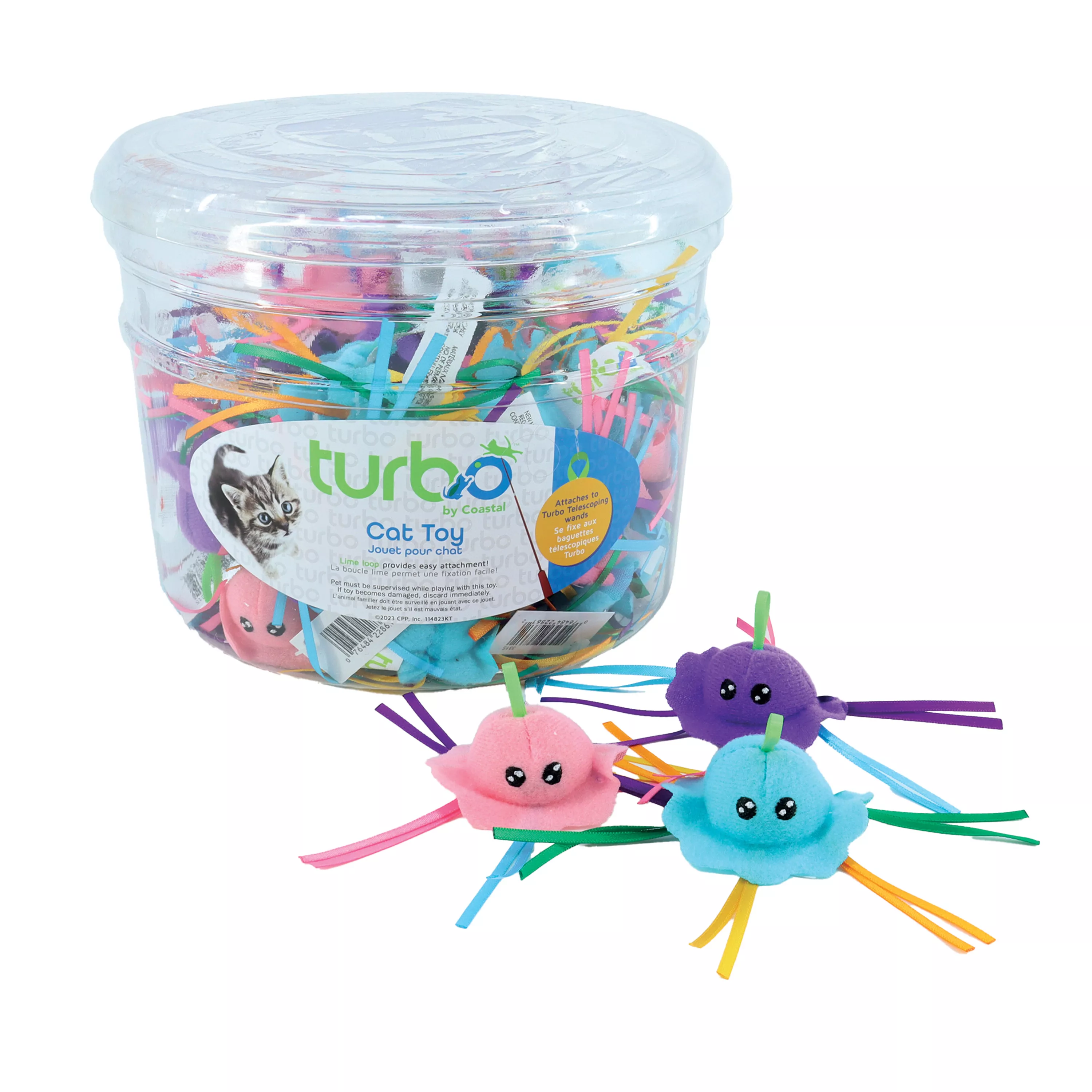 Coastal Turbo Cat Toy with Teaser Loop Assorted Single Chicken Egg Jellyfish with Ribbons - Image 1