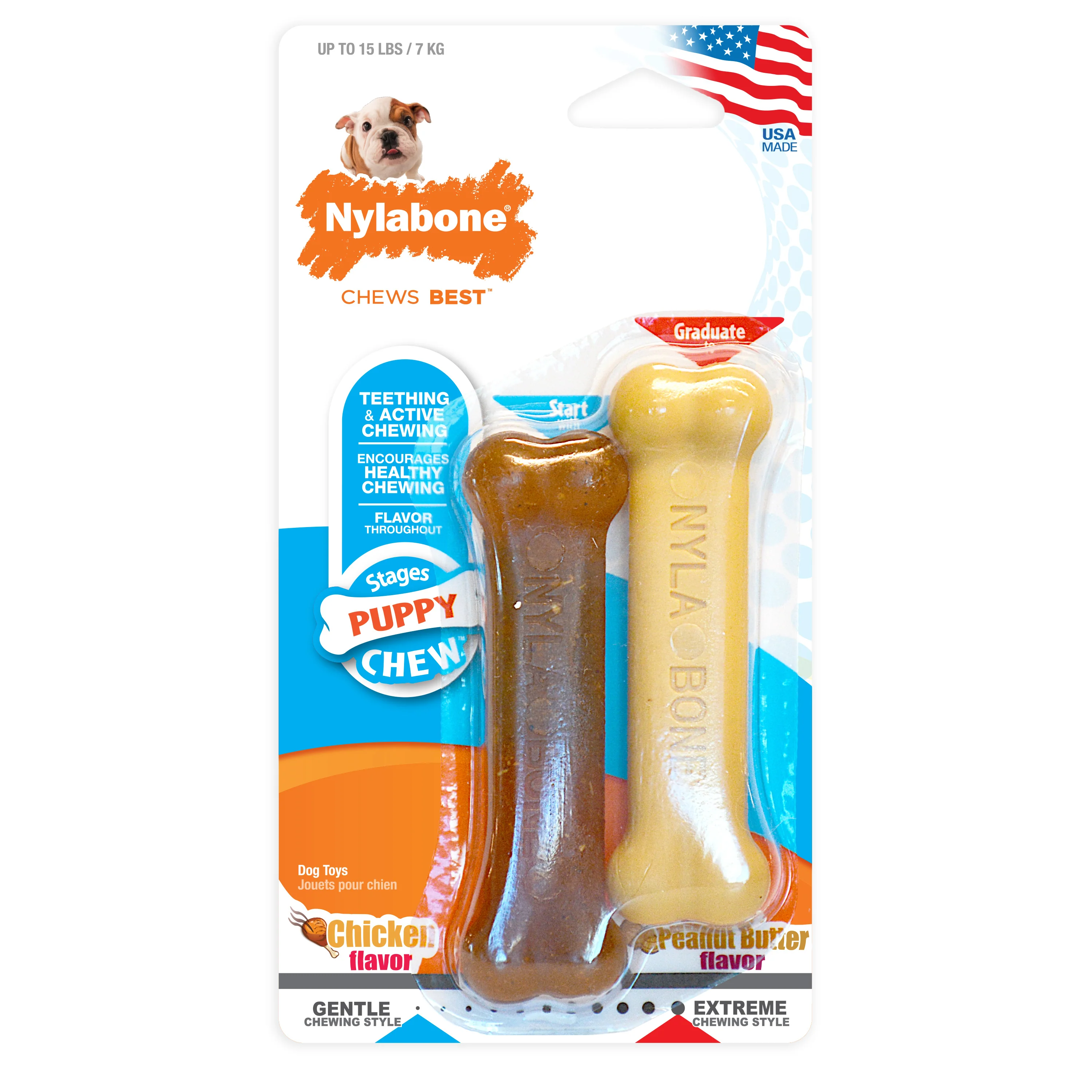 Nylabone Classic Puppy Chew Flavored Durable Dog Chew Toy Chicken & Peanut Butter Bone X-Small/Petite - Image 1