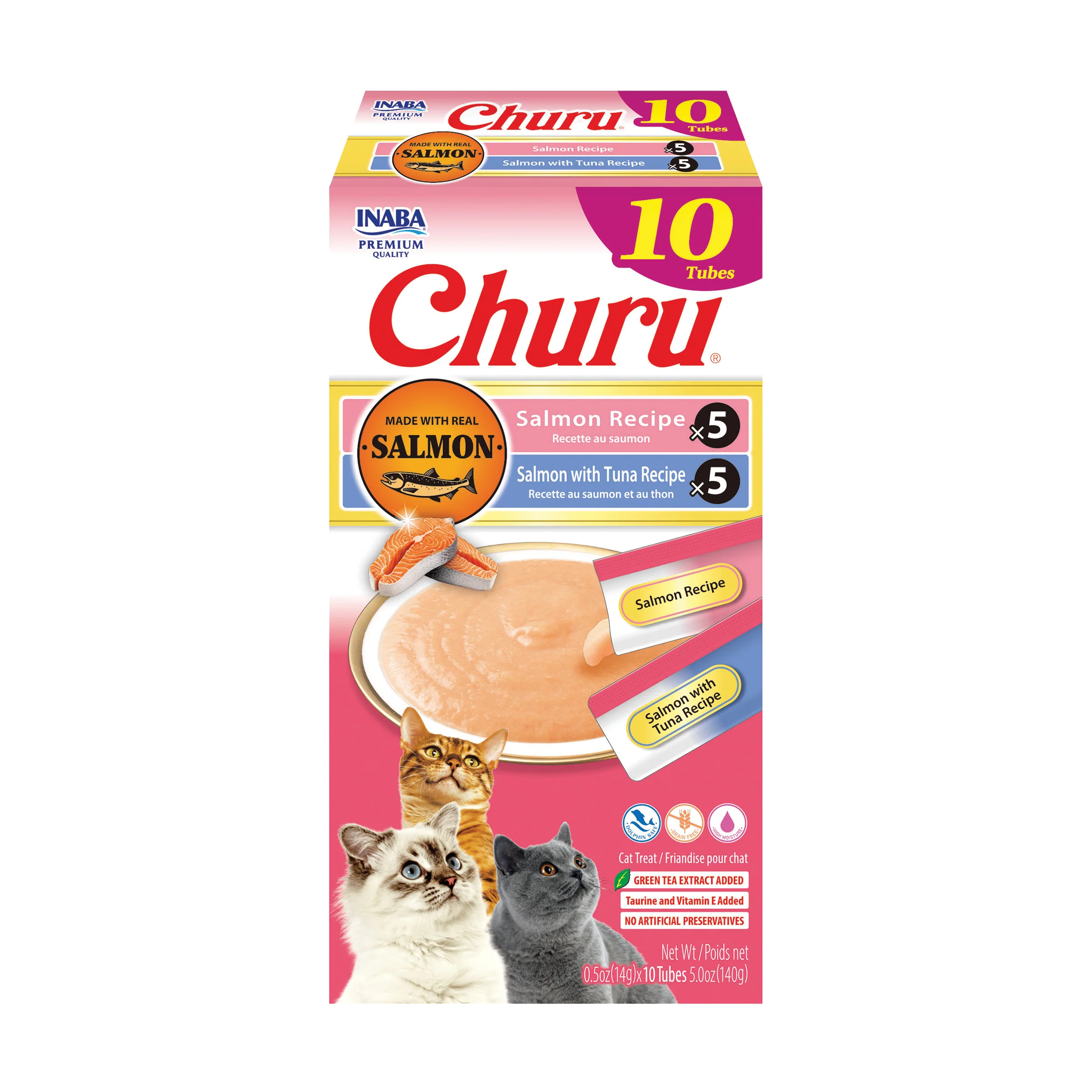INABA Churu Cat Treats, Grain-Free, Lickable, Squeezable Creamy Purée Cat Treat with Vitamin E & Taurine, 0.5 Ounces Each Tube, 10 Tubes, Salmon & Tuna Variety - Image 1