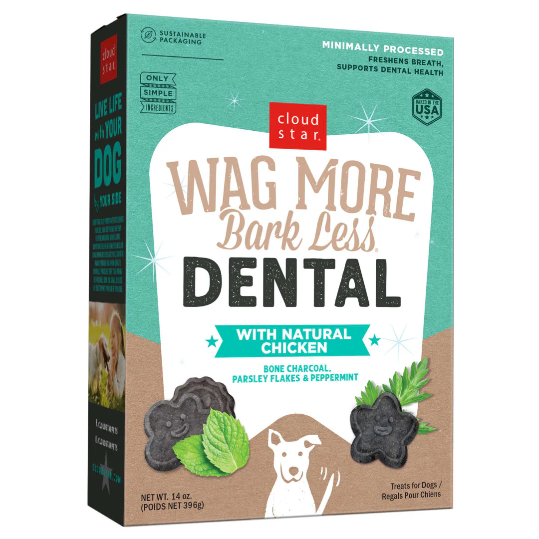 Cloud Star Wag More Bark Less Crunchy Dental Dog Treats, Chicken, Bone Charcoal, Parsley & Mint, 14 oz. Box - Image 1