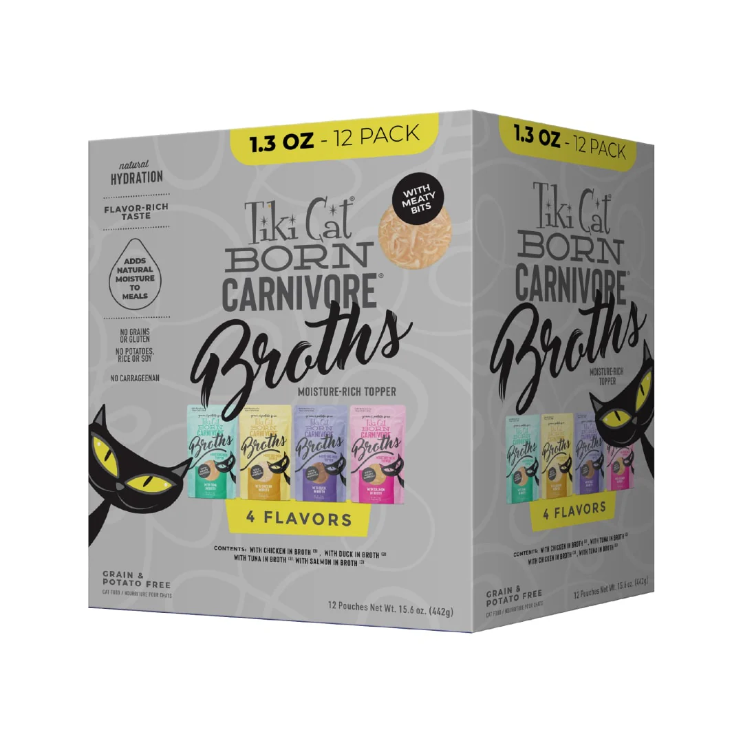 Tiki Cat Born Carnivore Broths Wet Cat Food Toppers Variety Pack 1.3oz Pouch (12 Count) - Image 1