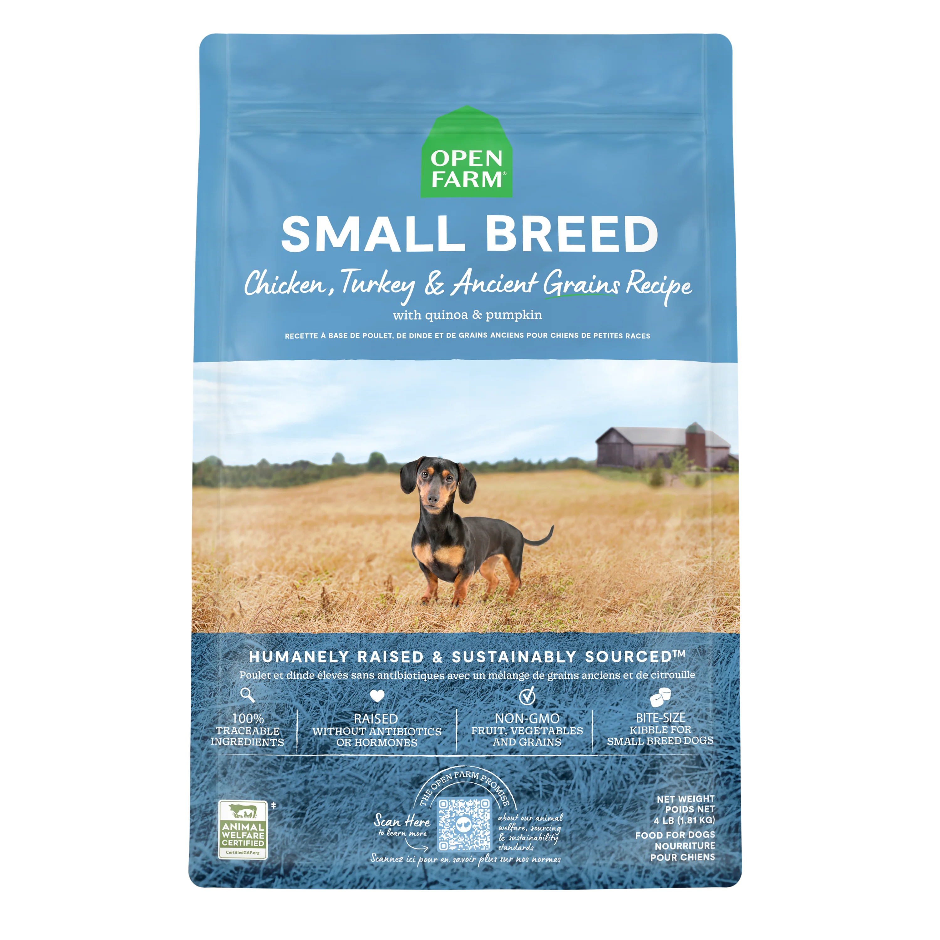 Open Farm Small Breed & Ancient Grains Recipe Kibble For Dogs 4lb Bag