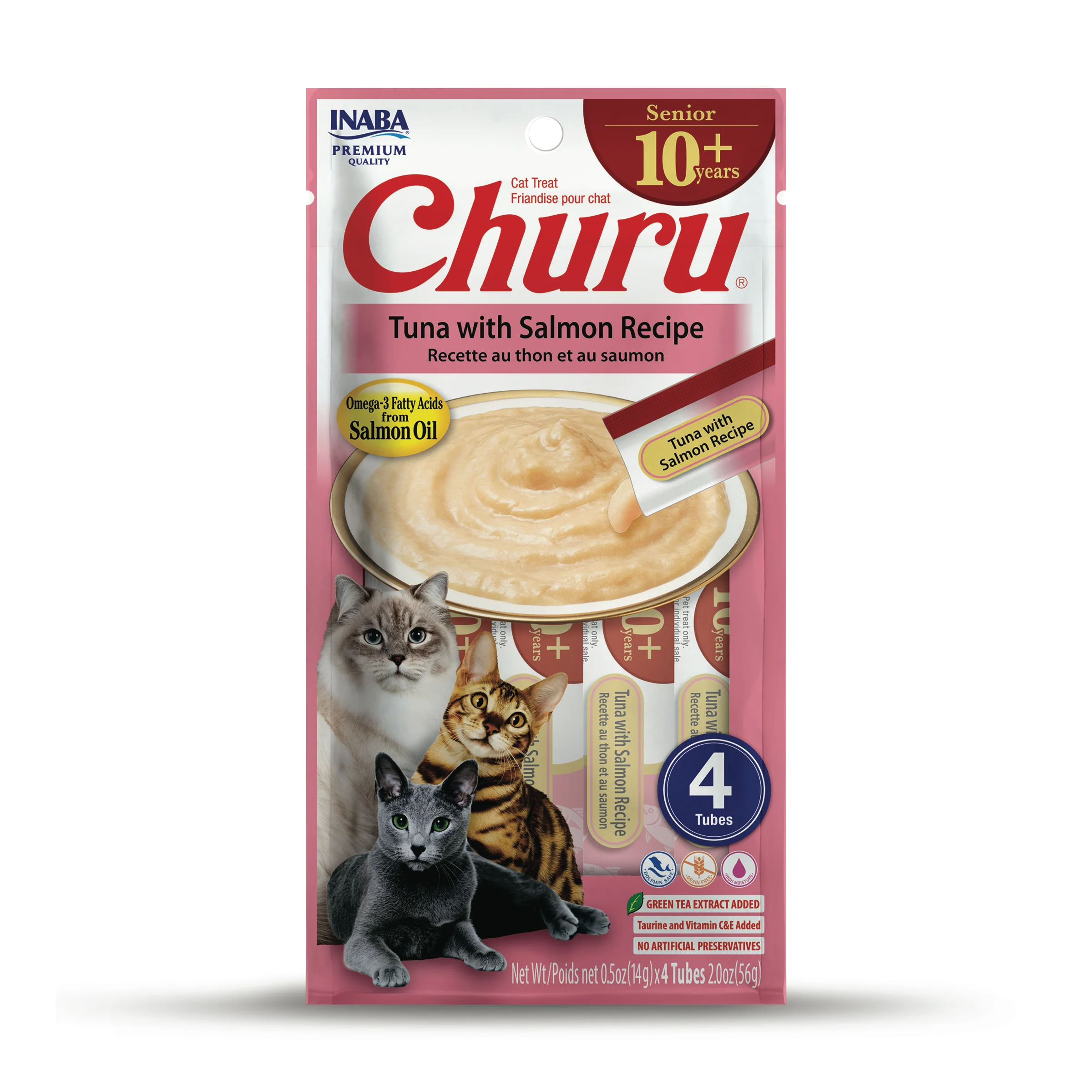 INABA Churu Senior 10+  Cat Treats  0.5 ounces Each, 4 Tubes, Tuna with Salmon Recipe - Image 1