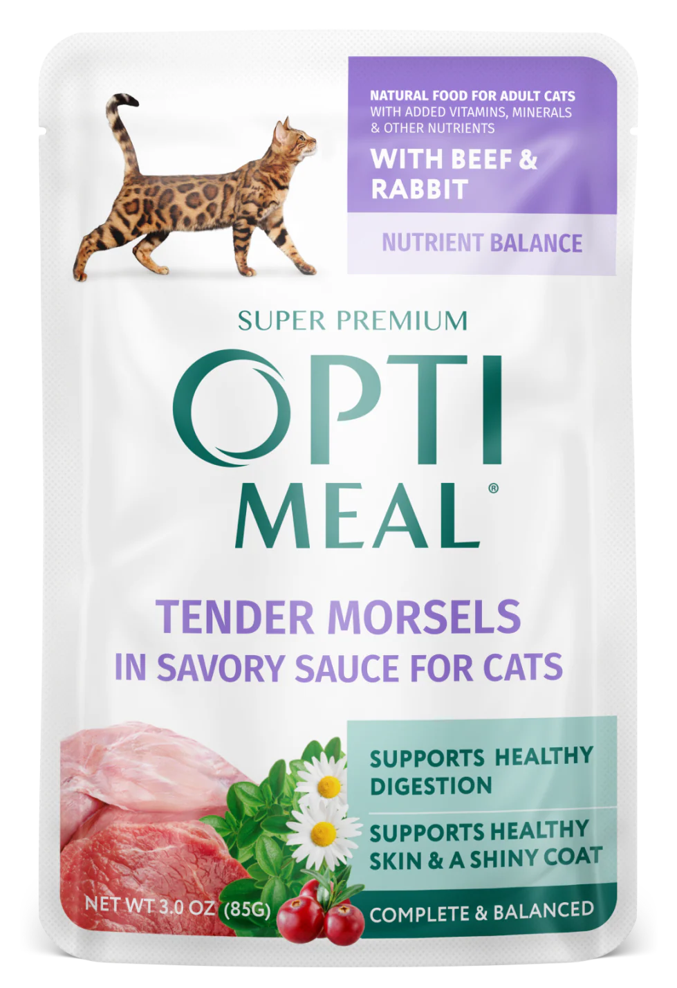 Optimeal Tender Morsels 3oz Grain Free Cat Pouch Beef Rabbit - Image 1