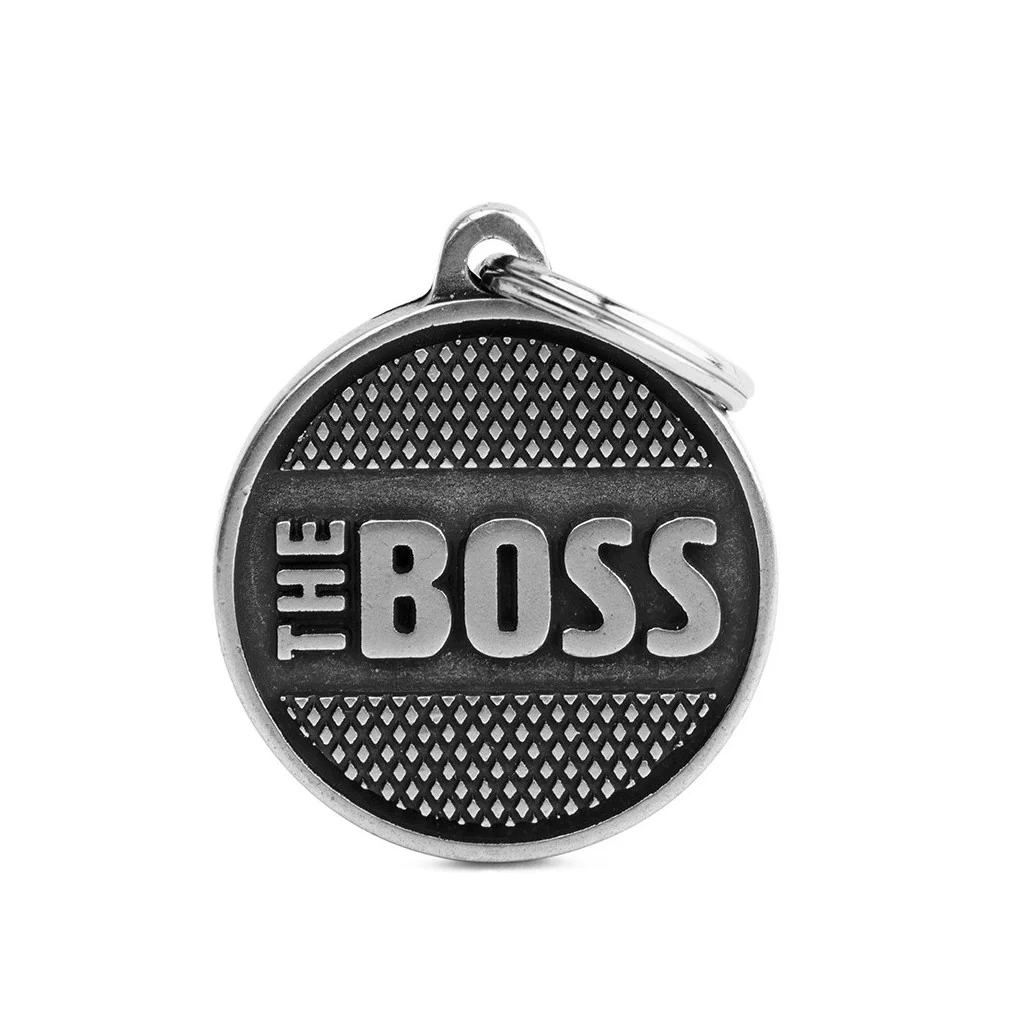My Family ID Bronx "The Boss" Diamonds Big Circle ID Tag in Antique Silver - Image 1