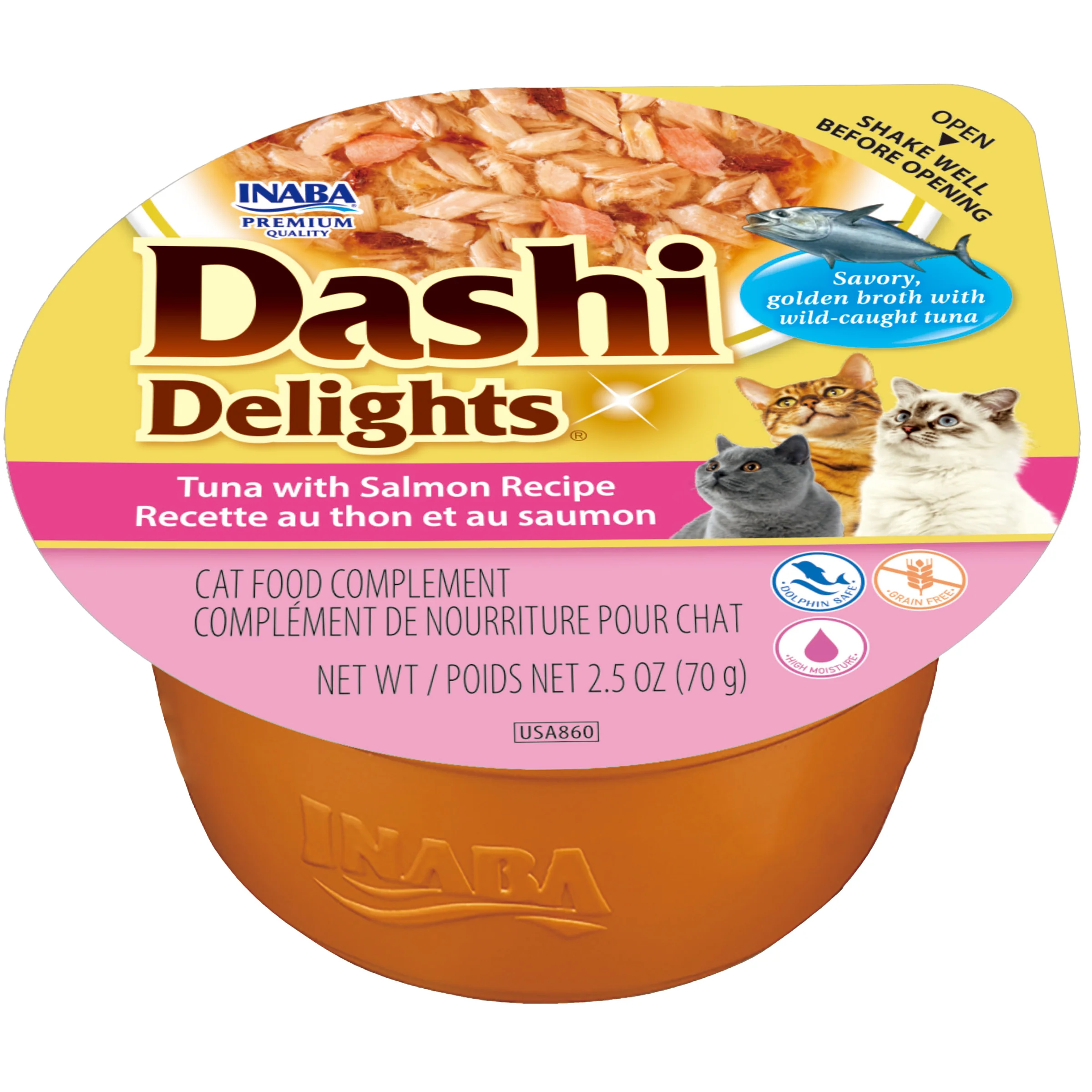 INABA Dashi Delights for Cats, Shredded Tuna with Bonito Flake Broth, 2.5oz Cup, Tuna with Salmon Recipe - Image 1