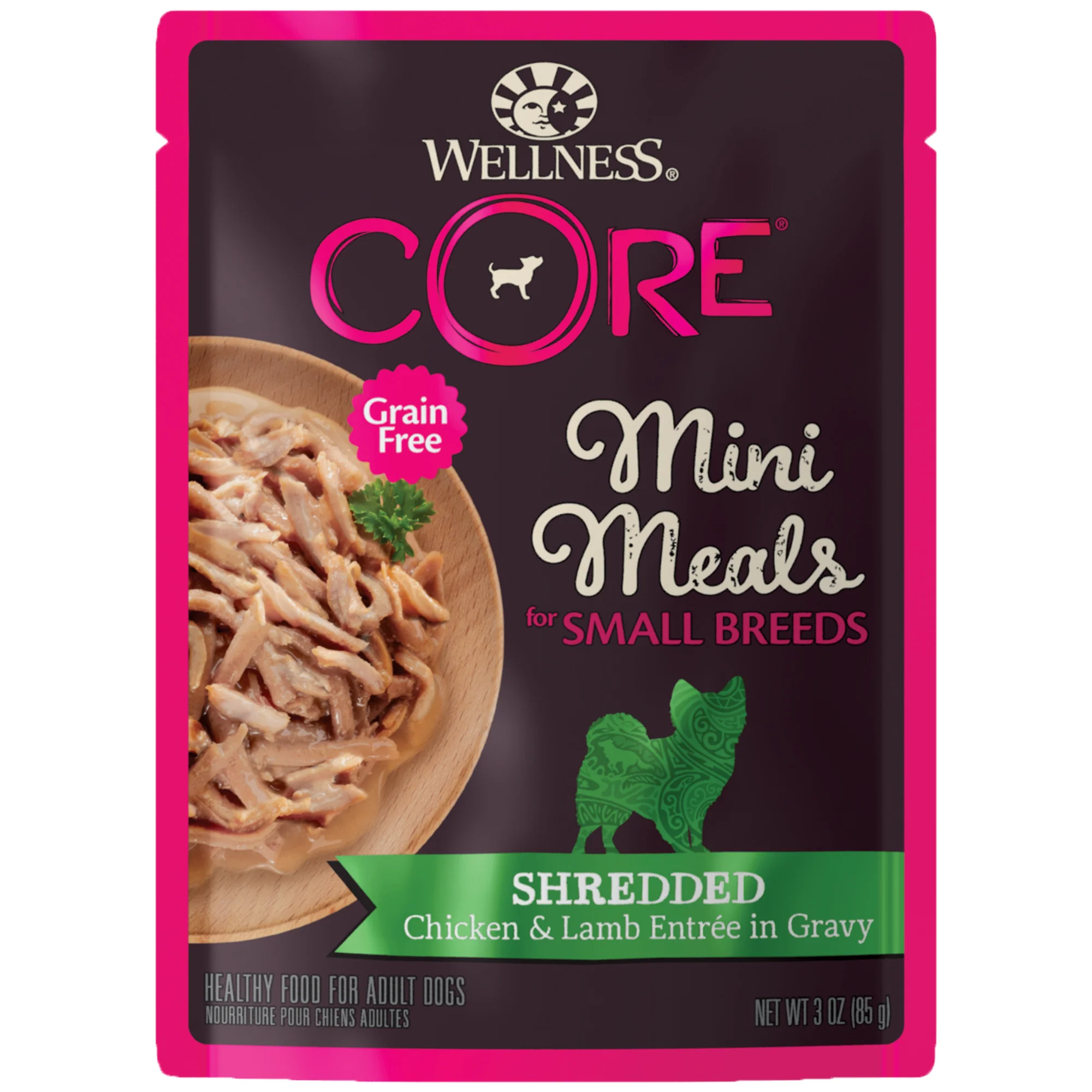 Wellness CORE Natural Grain Free Small Breed Mini Meals Wet Dog Food Shredded Chicken & Lamb Entrée in Gravy 3oz Pouch - Image 1
