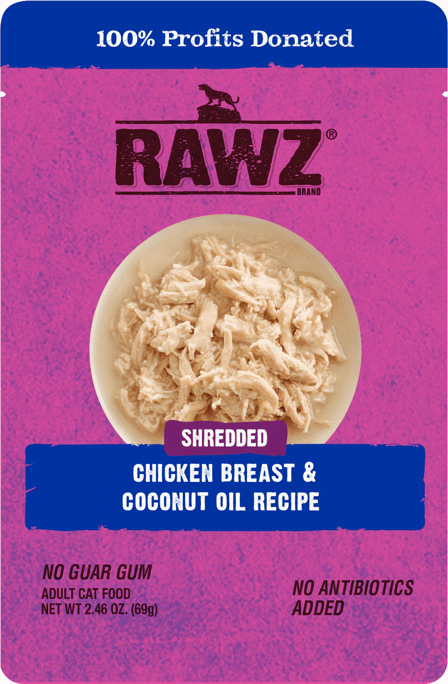 Raws Wet Cat Food 2.4oz Pouch Shreds Chicken and Coconut Oil - Image 1