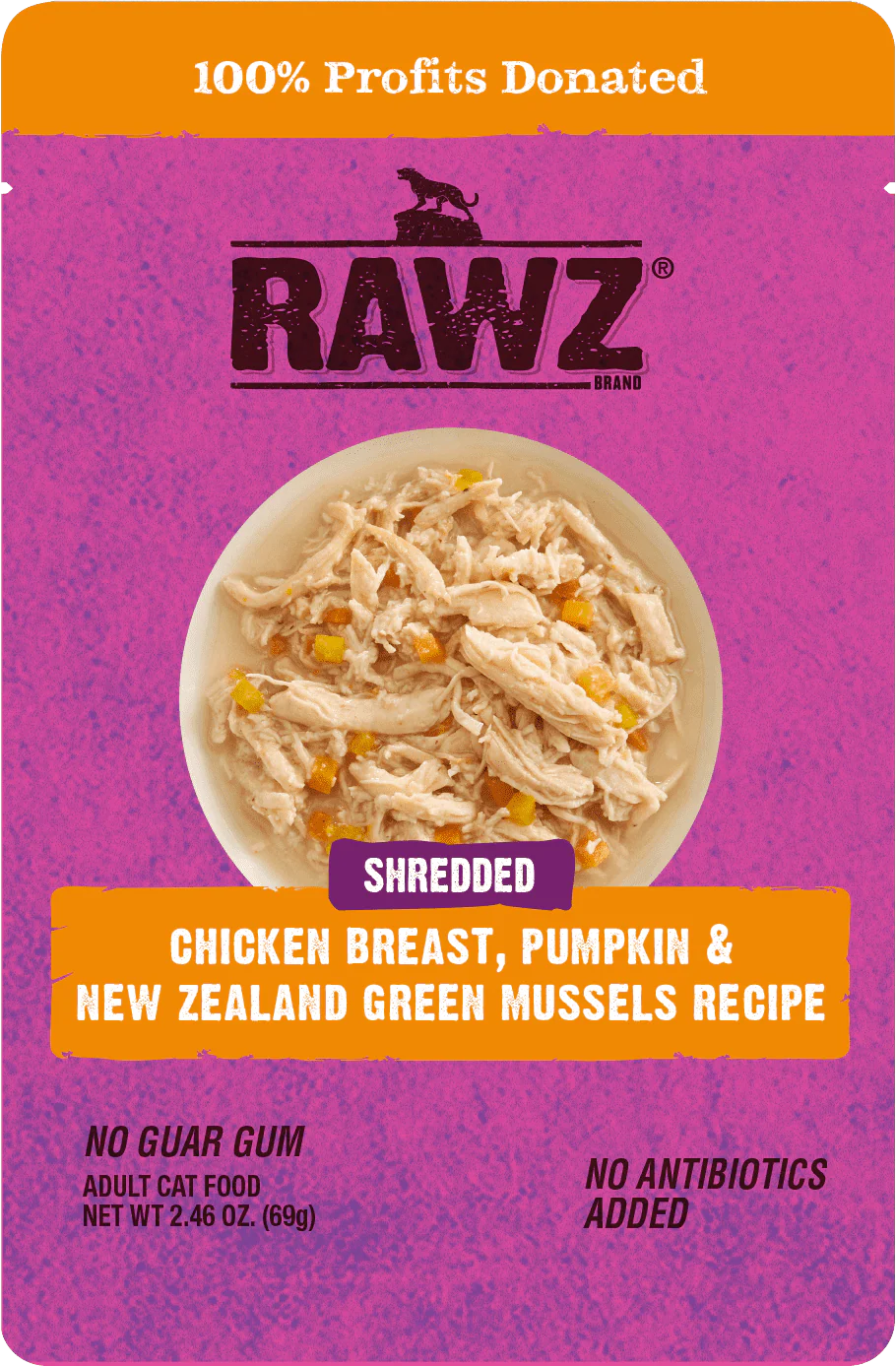 Raws Wet Cat Food 2.4oz Pouch Shreds Chicken Pumpkin and Mussels - Image 1