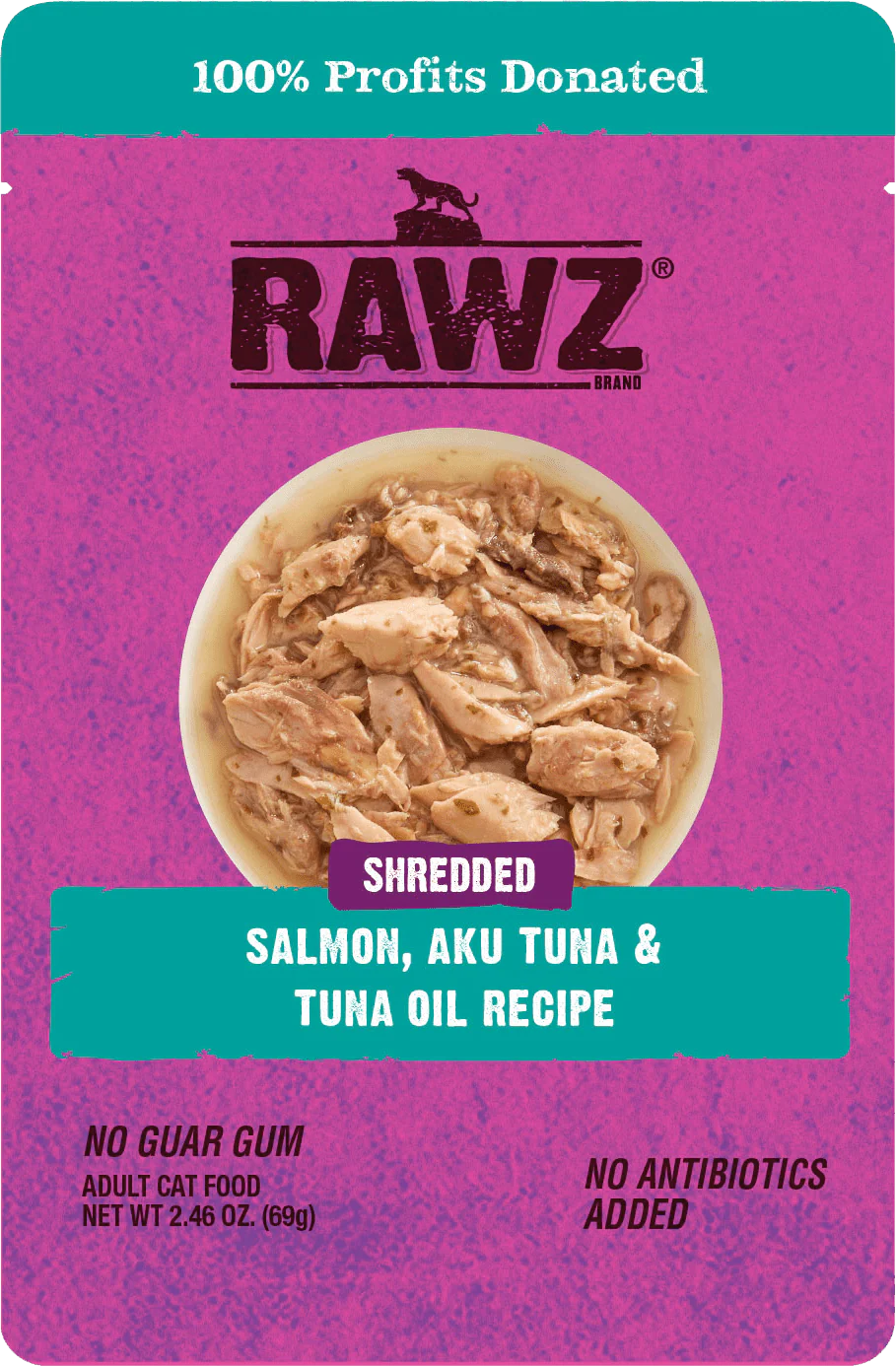Raws Wet Cat Food 2.4oz Pouch Shreds Salmon Tuna and Tuna Oil - Image 1