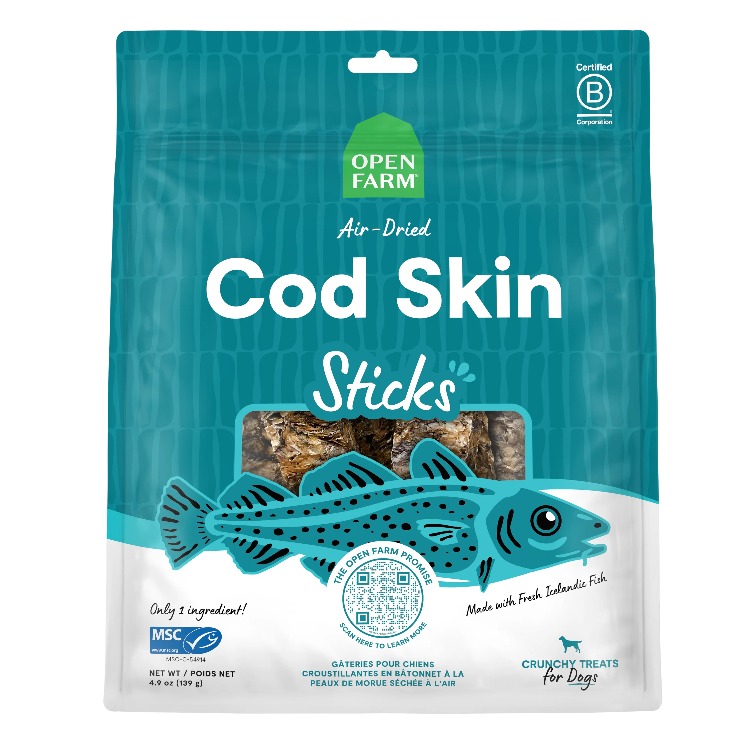 Open Farm Air Dried Cod Skins Crunchy Dog Treat Sticks 4.1oz Bag