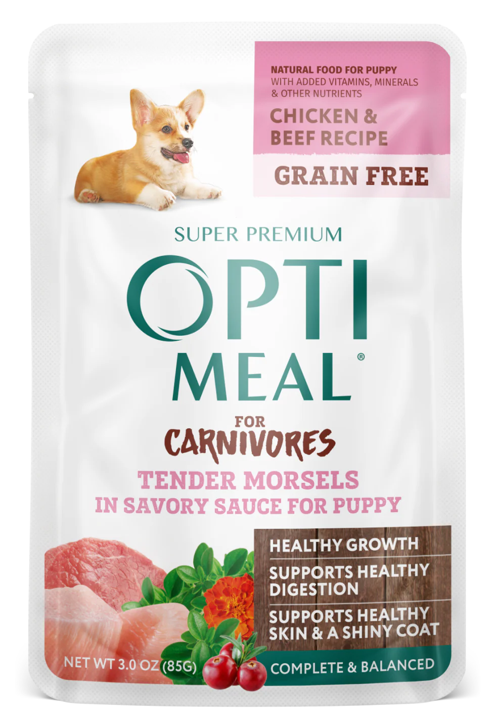 Optimeal Tender Morsels 3oz Grain Free Dog Pouch Chicken Beef Puppy - Image 1