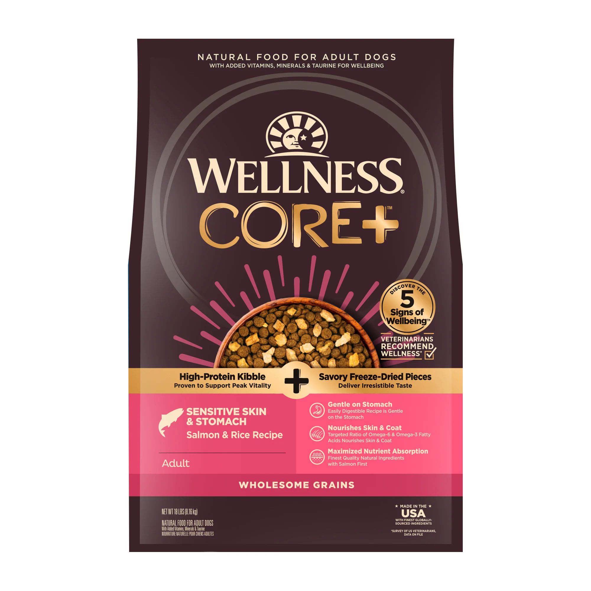 Wellness CORE+ Sensitive Skin & Stomach Dry Dog Food Salmon & Rice Recipe 18lb - Image 1